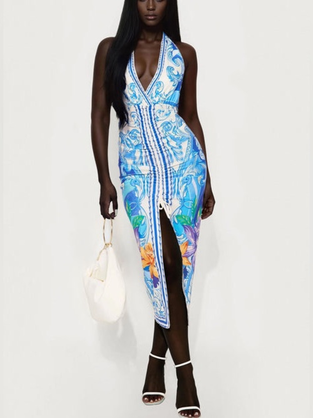 Fashion Nova Halter Bodycon Midi Dress Blue Floral Slit Backless Size M Boho